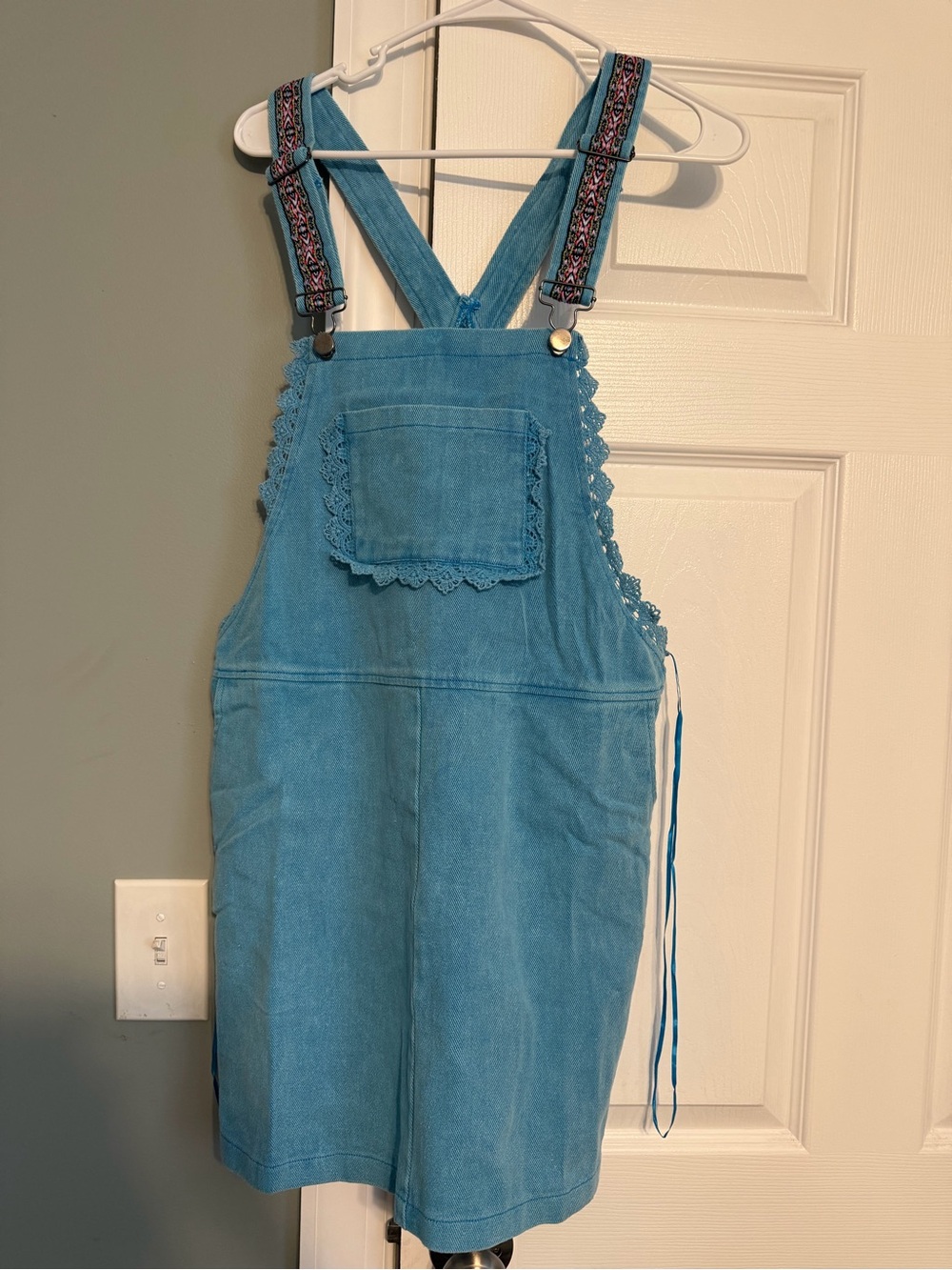 Women’s Blue Denim-Style Pinafore Dress with Embroidered Straps